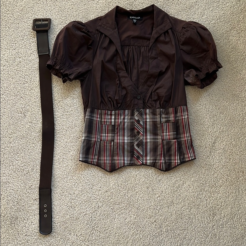 Bebe Brown Puff Sleeve Blouse with Belt